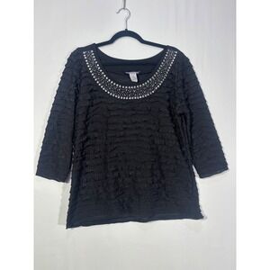 Party Glam Janeric Ruffle Studded Scoop Neck Blouse Women PXL Black 9-E432